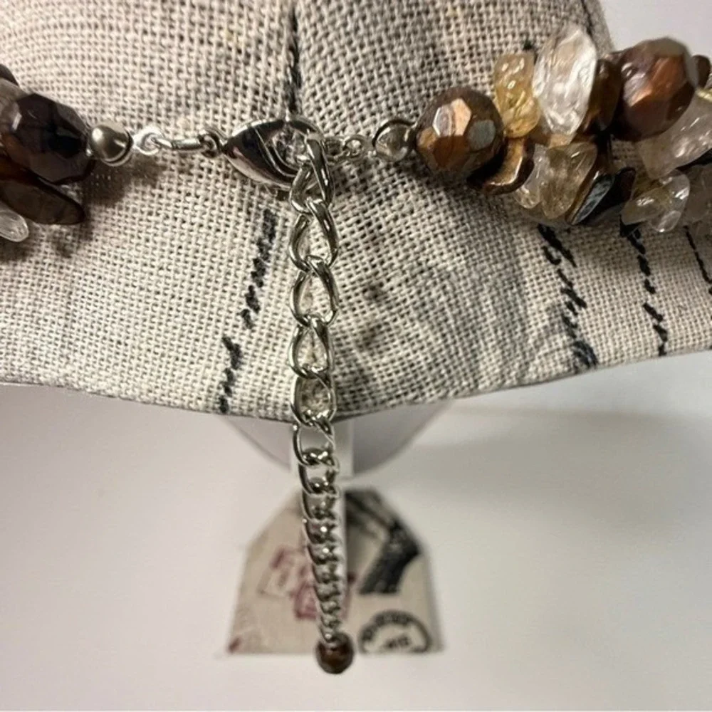 Beaded Three Strand Stone Necklace Lobster Brown‎ Tan Clear 19 to 23 in Jewelry